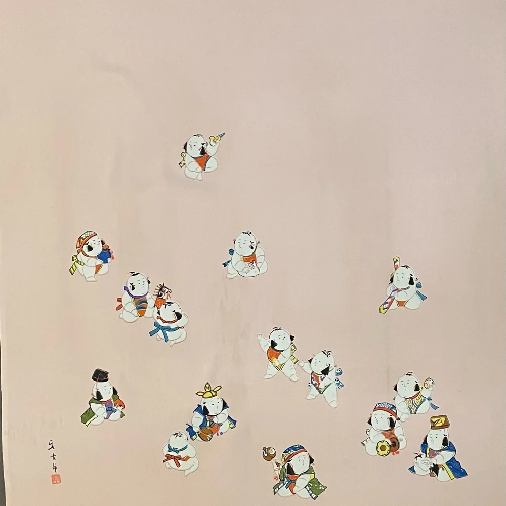 Charming Vintage Japan Sumo Baby Print Scarf 29 In Very Good Condition - Picture 10 of 10